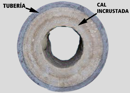 Sección de una tubería con un exceso de cal.